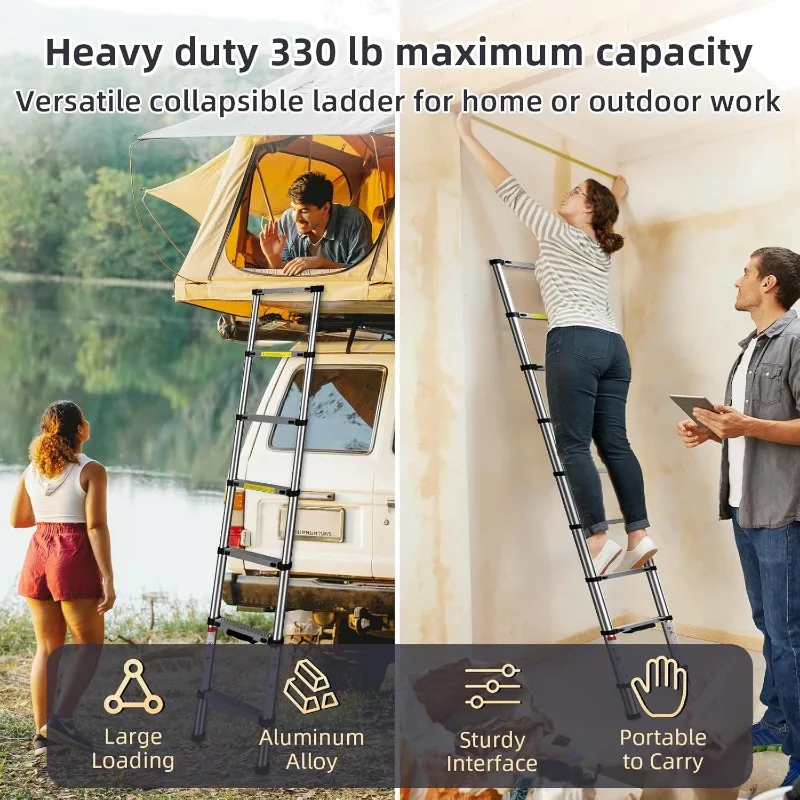 Telescoping Ladder:Aluminum Extension Ladder Folding Compact Portable Anti-Slip Collapsible Ladders for Home Attic RV Loft Roof