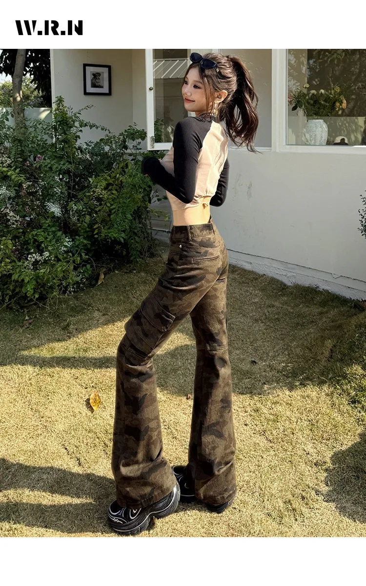 

Американские винтажные эклектические расклешенные джинсы с высокой талией, сексуальные брюки Y2K в стиле ретро, женские винтажные тонкие камуфляжные джинсовые брюки