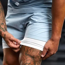 NEW 2 IN 1 Sport Running Woven shorts Men Double-deck Jogging Quick Dry Shorts Fitness basketball pants Zipper pocket Men Shorts