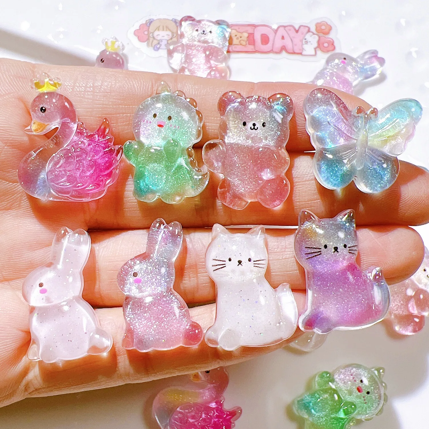 8Pcs New Cute Cartoon Rabbit, Bear, Butterfly, Goose, Dinosaur, Cat Flat Back Ornament Jewelry Bows Accessories Free Shipping