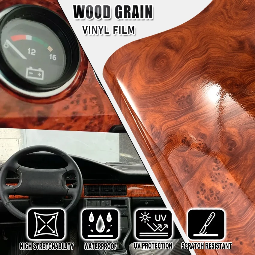 30x100cm High Gloss Wood Grain Vinyl Wrap Film, Premium Burl Wood Texture DIY Car Interior & Exterior Trim Self Adhesive Sticker
