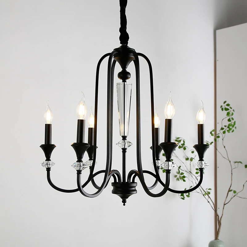 American Retro Black Wrought Iron Candle Pendant Light Living Room Bar Counter Exhibition Hall Bedroom Advanced Decoration Lamp