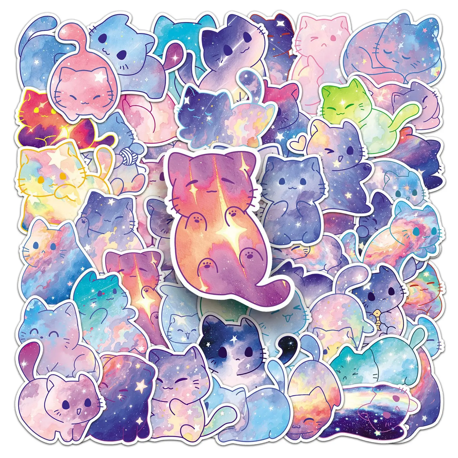 

50PCS Watercolor Starry Sky Cat Graffiti Stickers Cute INS Style Cartoon Decal Notebook Cup Guitar Waterproof Sticker Kid Toy