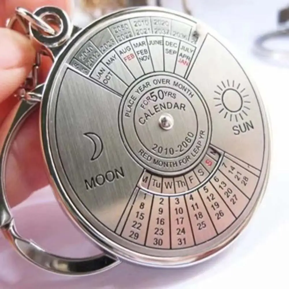 Creativity 50 Years Perpetual Calendar Keychain Alloy Silver Keychain Pendant Durable Exquisite Car Keychain