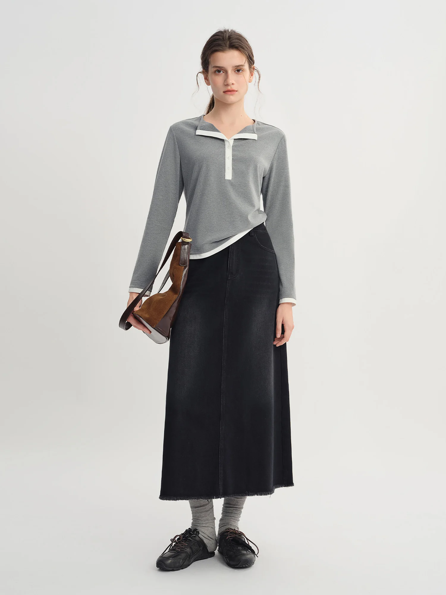 DUSHU Herbst 2025, langärmliges Damen-T-Shirt – kontrastierendes Colorblock-Oberteil mit Henley-Ausschnitt und atmungsaktivem Stoff für den Büro-Casual