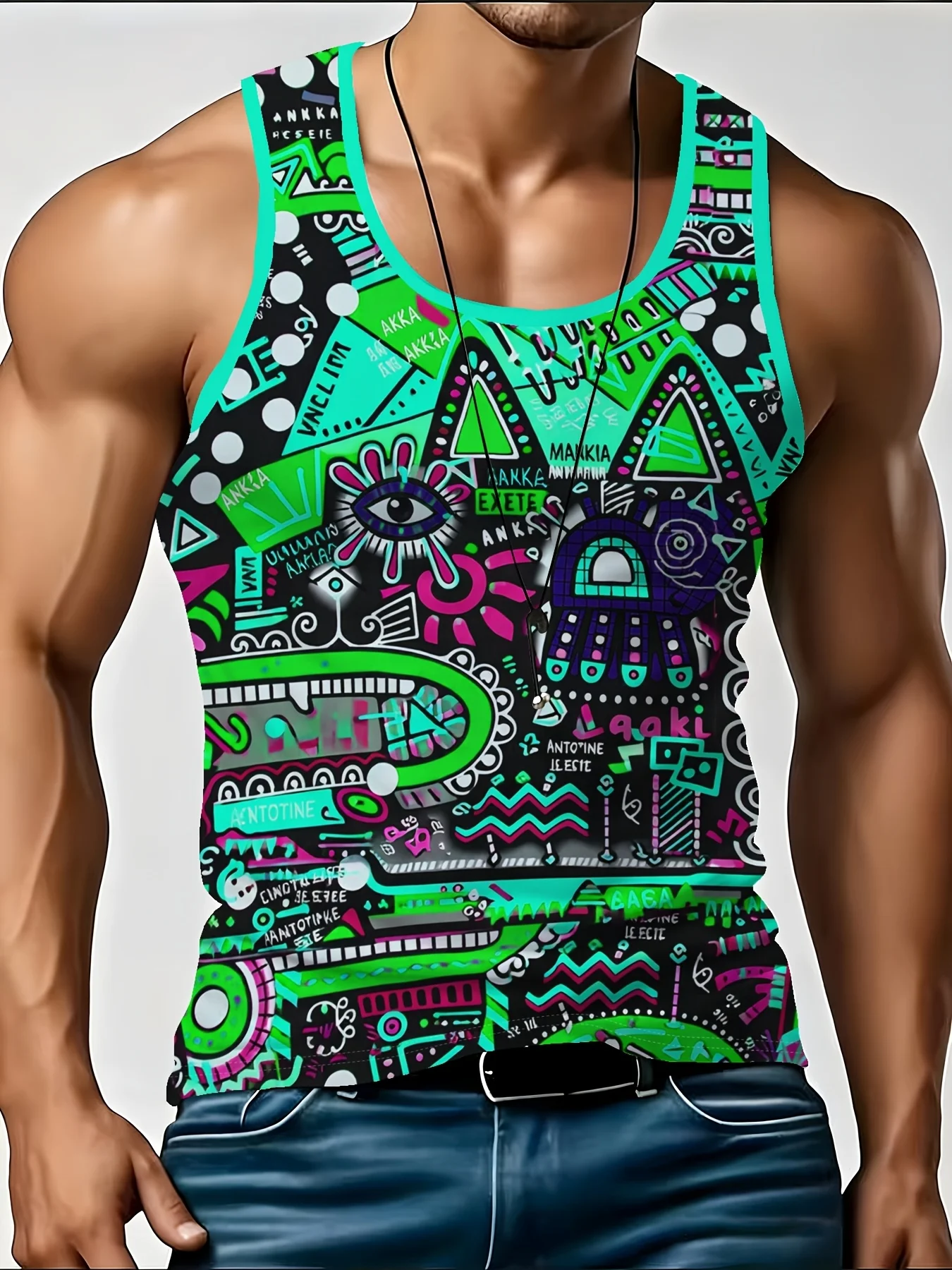 Men's Abstract Tribal All Over Print Tank Top Colorful Eye Geometric Sleeveless Muscle Vest Street