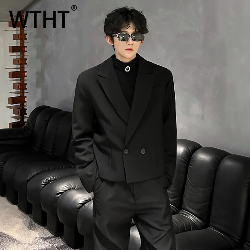 WTHT Trendy Men's Solid Color Shoulder Pads Blazer Coats Fashion 2025 Autumn Single Buckle Turn Down Collar Jackets Male 2A2149