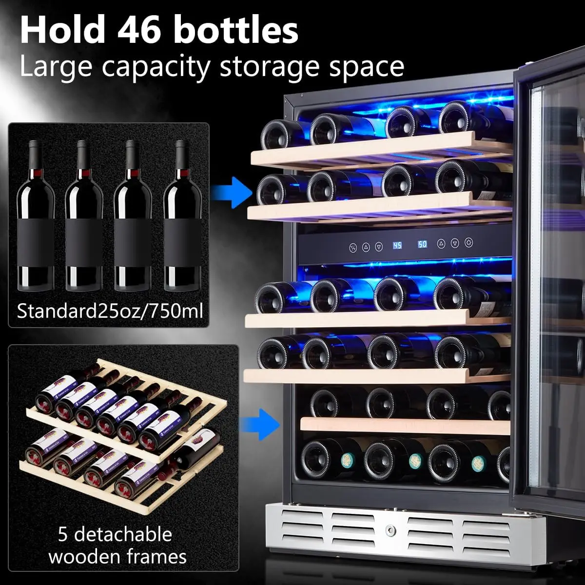 24 inch Wine Cooler, 46 Bottle - Dual Zone Built-in or Freestanding Fridge with Stainless Steel Reversible