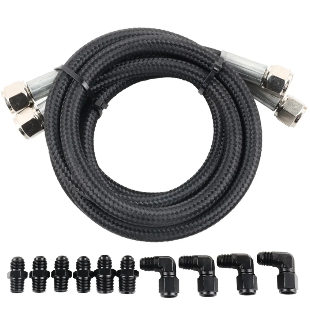 52'' Length Black Nylon Braided Transmission Cooler Hose Line Fitting For TH350 700R4 TH400