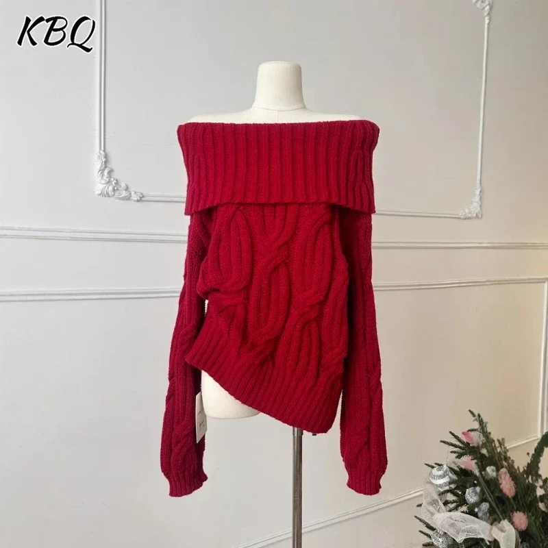 KBQ Minimalist Backless Loose Christmas Sweater For Women Slash Neck Off The Shoulder Sleeve Knitting Pullover Sweater Female