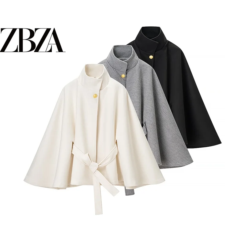 Fashionable Short Woolen Coat Women's Stand Collar Bell Sleeve Waist Cinched Belted Outerwear Elegant Simple Style Long Sleeve