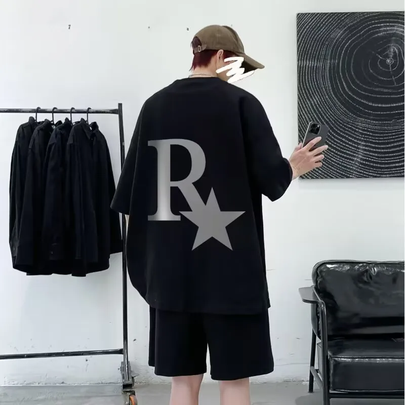 

TZ13 New Summer Waffle Round Neck Short Sleeved M L XXXL 4LX 5XL T-shirt for Men's Short Sleeved Top T-shirt+Shorts suit