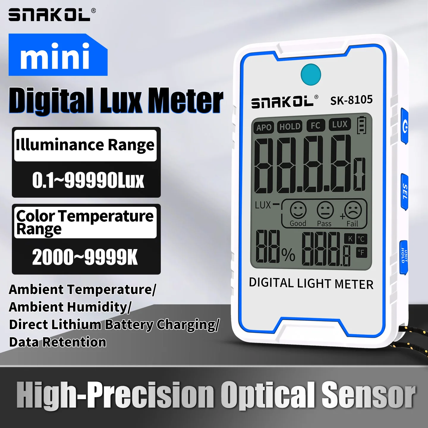 SNAKOL SK‑8105 Mini 2‑in‑1 Lux & Color Temperature Meter, High‑Precision, Smile Rating, Type‑C Charging, Portable Key‑Chain