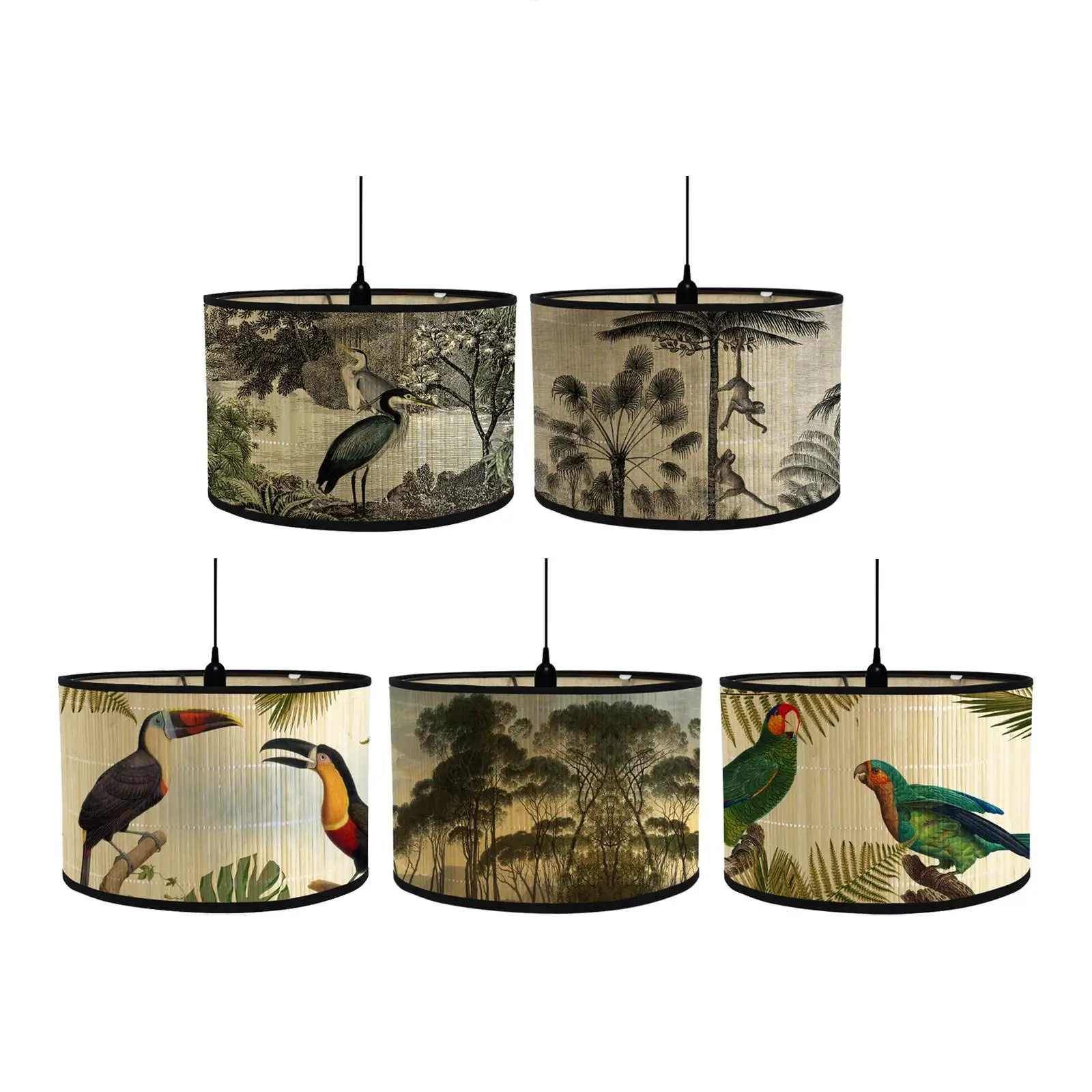 Drum Print Lamp Shade E27 Replaceable Light Accessories Retro Folk Chandelier Lamp Cover Bamboo Lampshade Only for Floor Pendant