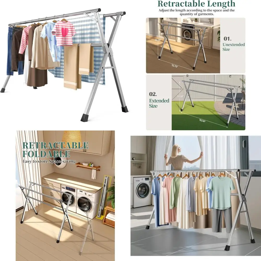 

79 Inches Heavy - Duty Stainless Steel Folding Clothes Drying Rack Indoor Outdoor Anti-Rust 20 Windproof Hooks Portable & Foldab