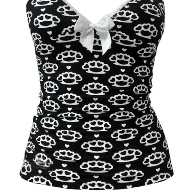 Y2K Damen Sommer Goth Print Süßes Tanktop Harajuku Ärmelloses Crop Off-Shoulder Trägertop Camisole Baby Tees Weste 2000er Jahre Kleidung – Detail 2