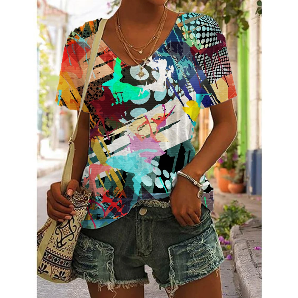 Women\'s Patchwork Print T-Shirt Boho Short Sleeve Top Summer V-Neck Loose Sweater Harajuku Streetwear T-Shirt