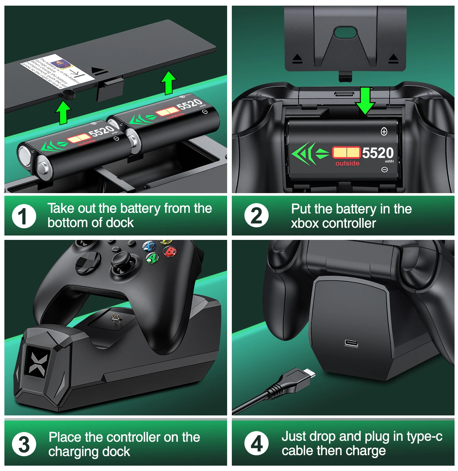 Ładowarka Q163 XBOX z akumulatorem 2*5520 mWh i 4 pokrywkami do XBOX Serise S/X / XBOX ONE S/X