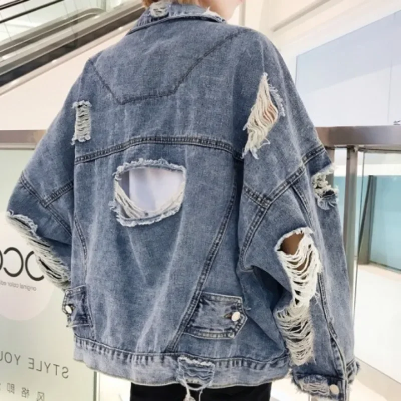 Fashion Blue Ripped Denim Jacket Y2K Distressed Streetwear Hip Hop Broken Hole Jeans Biker Jackets Men's Spring Jackets