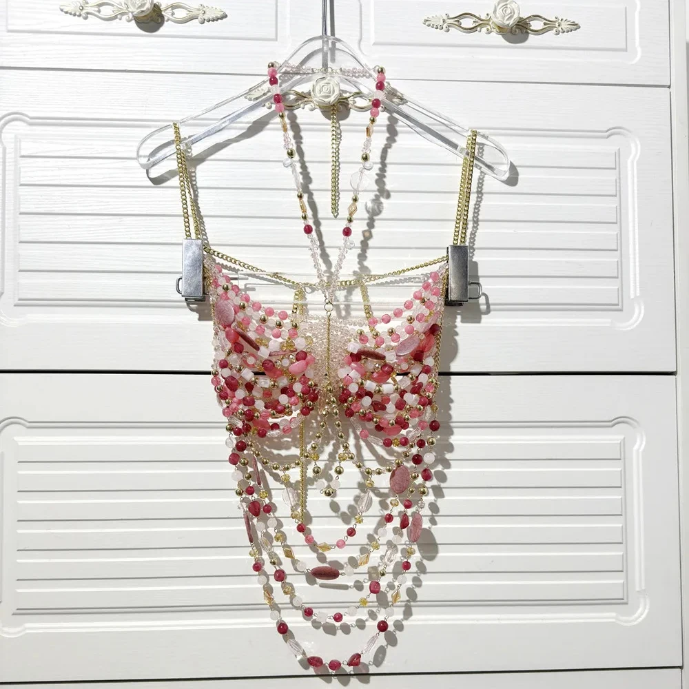 RM Beaded Bra Backless Women Vest Neck Sexy Corset Body Chain Lingerie Outerwear Spice Girls Bustier