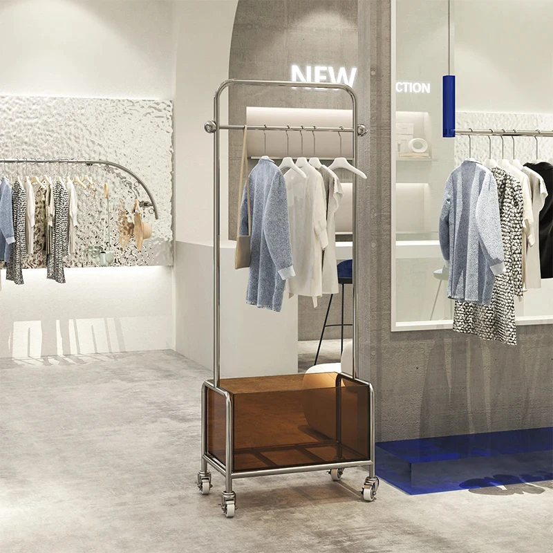 custom.High End Clothing Rack Display Furniture Modern Design Metal Clothes Rack Silver Stainless Steel Garment Display Stand