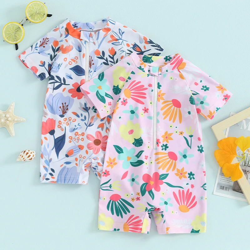 

2024-01-11 Lioraitiin Toddler Girls Rash Guard Swimsuit Rompers Zipper Short Sleeve Floral Print Kids Bathing Suit Baby Swimwear