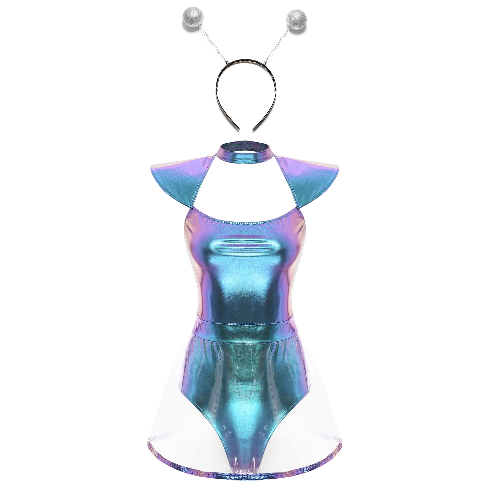 Women Alien Costumes Cosplay Space Astronaut Bodysuit Jumpsuit with Skirt Hair Hoop Dancing Theme Party Performance Outfit