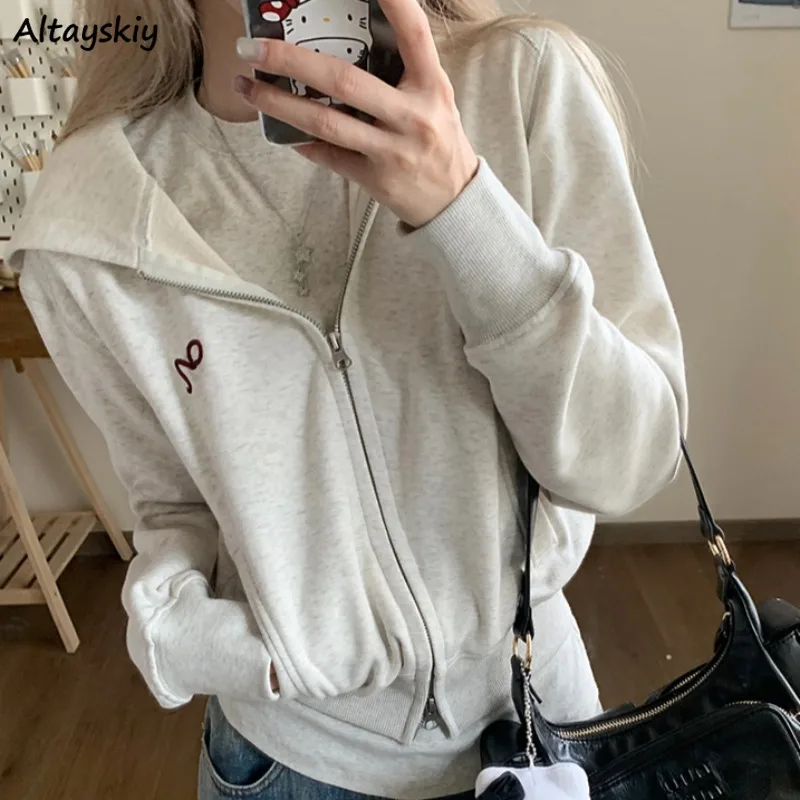 

Jackets Women Korean Style Ins Solid Hooded Leisure Long Sleeve Spring Autumn Pockets Zipper Chic High Street College Young Fit