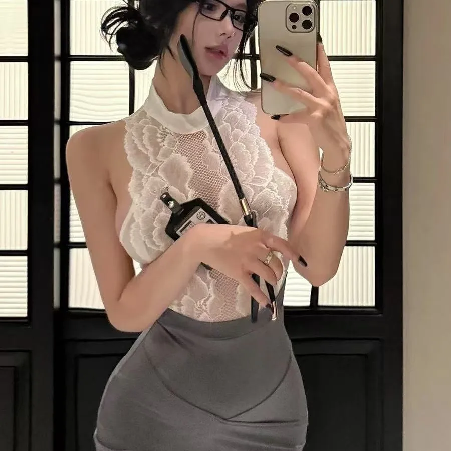 الساحرة سكرتيرة مثير سيدة سيدة مزاجه الخصر ضئيلة الدانتيل ضئيلة انظر من خلال تنورة الورك قصيرة جدا الإناث