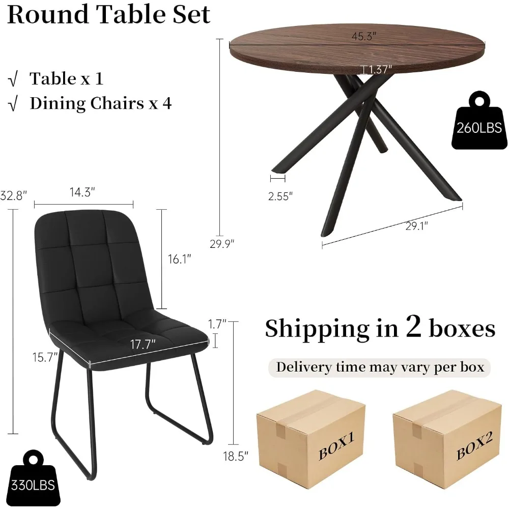 45.3 Inch Round Dining Table Set for 4, Mid Century Modern Table & 4 Black Chairs
