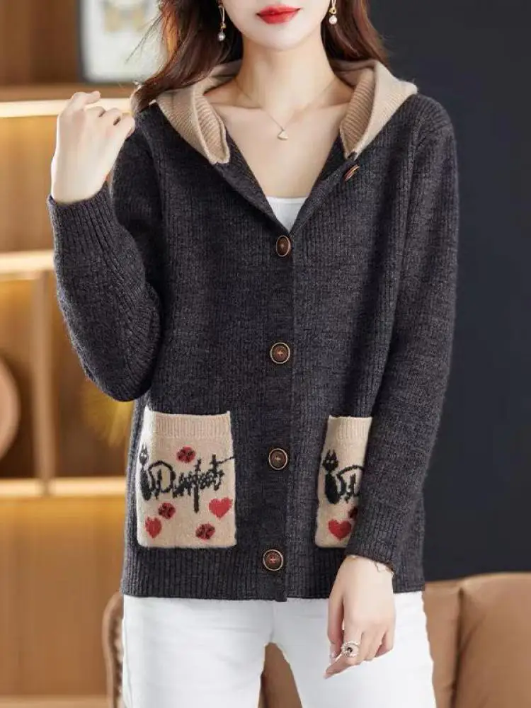 

Korean Fashion Women's Patchwork Single Breasted Versatile Hooded Sweater Autumn Winter Long Sleeve Knitted Cardigan Tops Casual