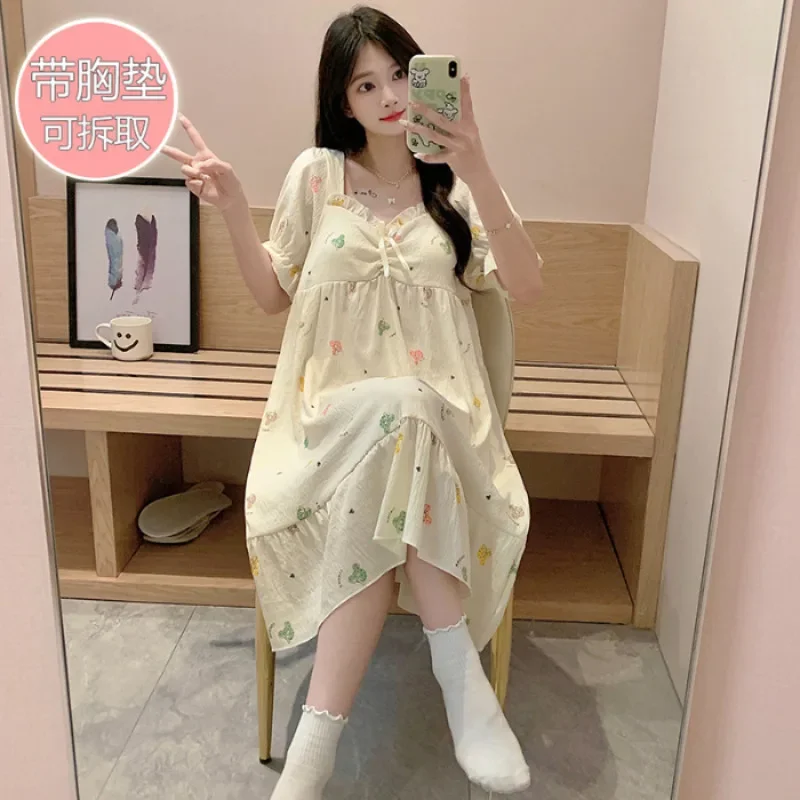 Женская пижама больших размеров 5XL, корейская ночная рубашка с короткими рукавами и милым принтом на груди, летняя свободная одежда для дома, которую можно носить на улице