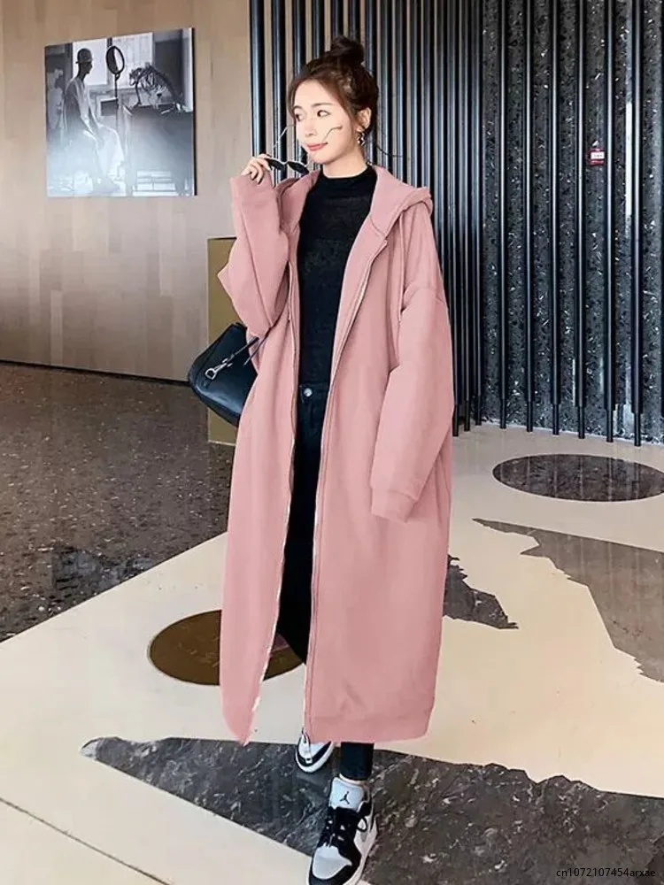 2023 Autumn Winter Women Long Trench Coat Office Lady Casual Zipper Outwear Long Sleeve Jackets Hooded Maxi Dress