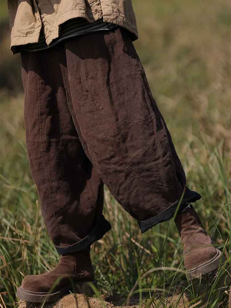 

Relaxed Wide Leg Pants Double Layered Vintage Waed Linen Pure Color Loose f Elastic Waist Casual Artistic Trousers