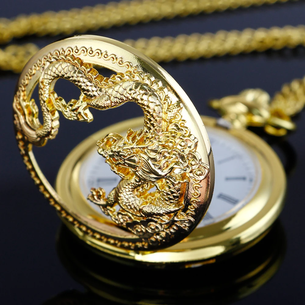 Luxury Golden Dragon Hollow Digital Quartz Pocket Watch Fashion Pendant Necklace Time Clock Men's and Women's Accessories Gifts