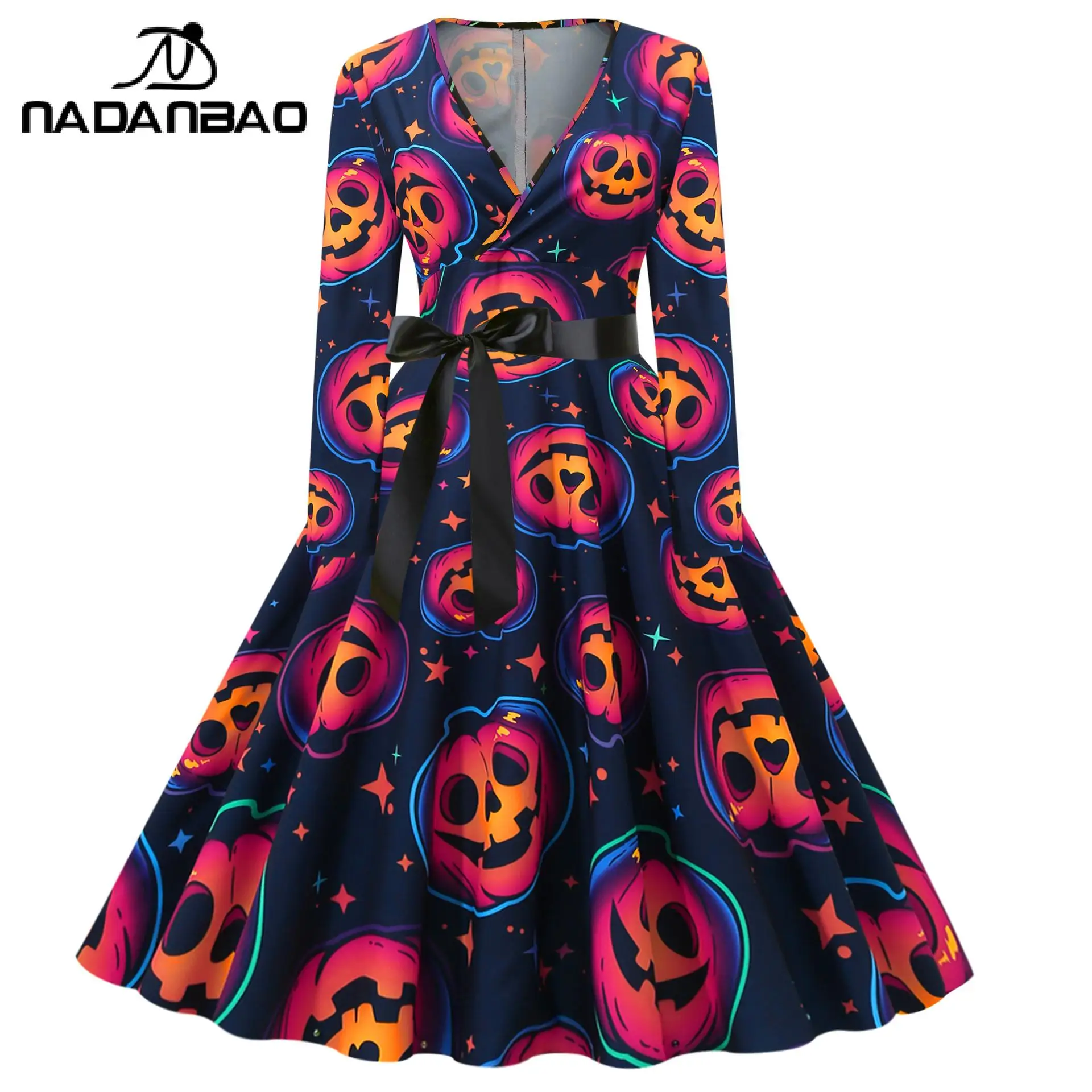 Nadanbao Halloween Gothic Women Dresses Evil Pumpkin V-neck Witch Dress Lady Carnival Cosplay Costume Long Sleeve Party Clothes