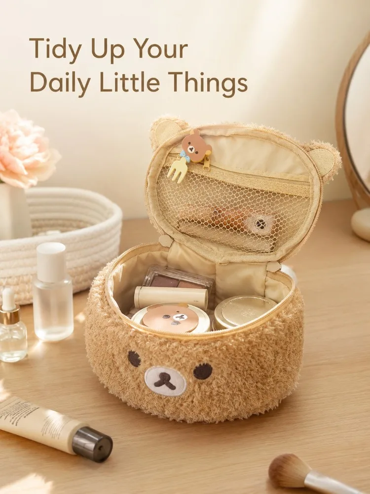 Cute Plush Bear Cosmetic Pouch Fuzzy Kawaii Travel Makeup Organizer High Capacity Zipper Storage Bag For Teen Girls Anime Fans