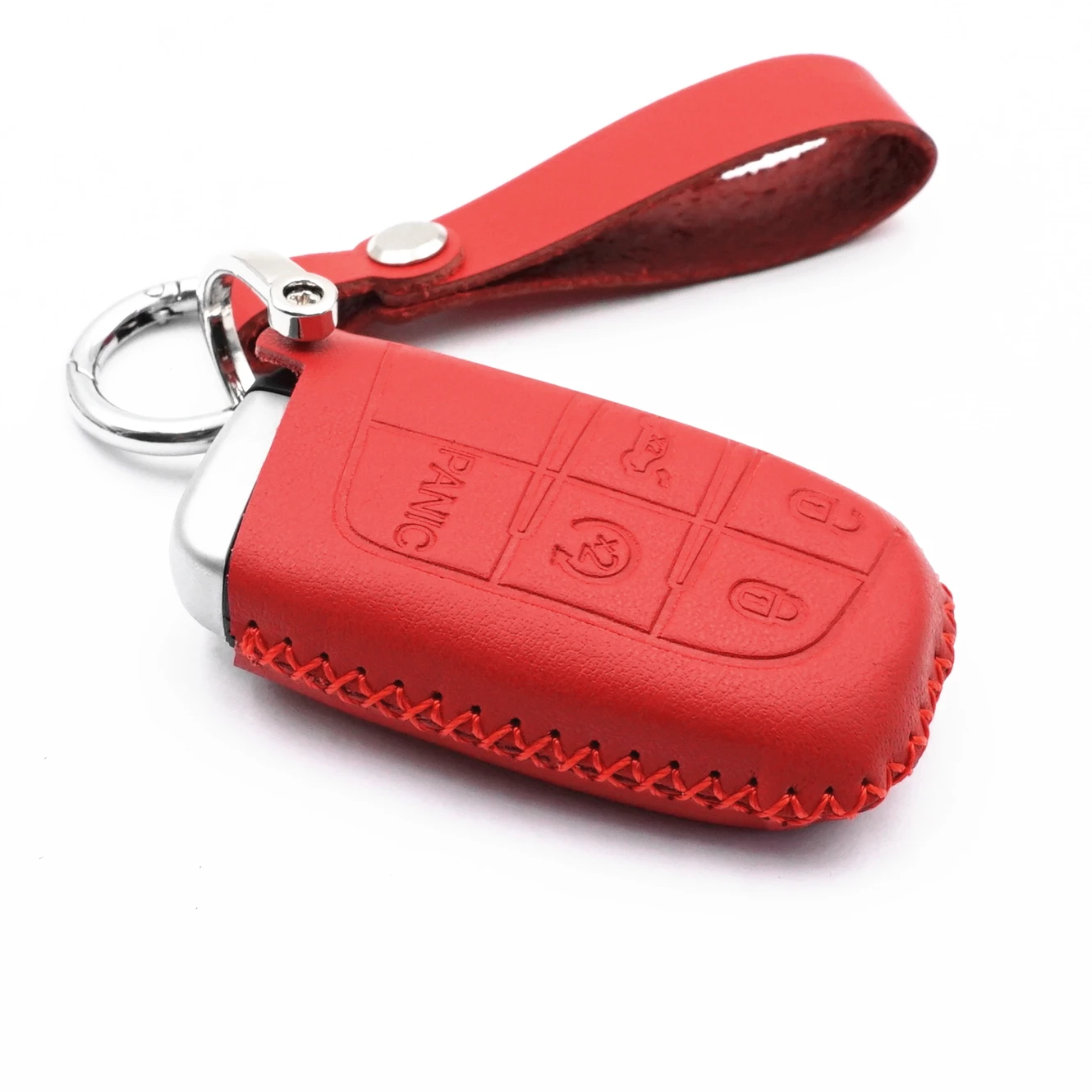 WFMJ Red Leather for Jeep Grand Cherokee Dodge Charger Dart Durango Chrysler 300 5 Buttons Key Fob Case Cover (Red stitch)