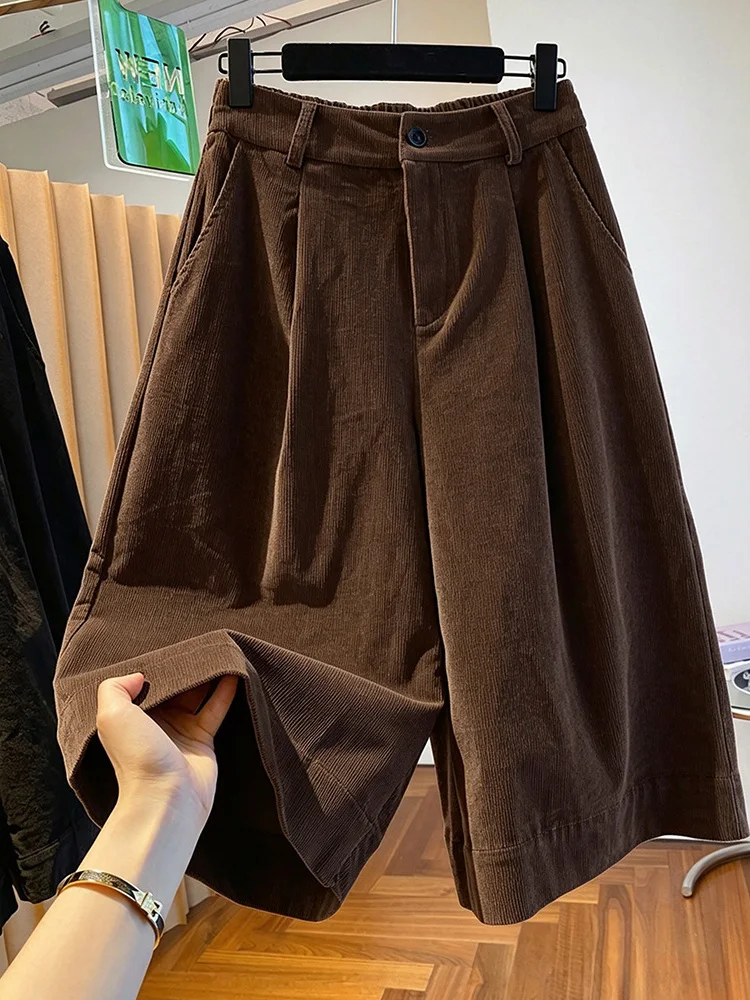 High-End Corduroy Wide Leg Pants Women's Loose Casual Versatile Autumn New Style Seven Parts Straight Cut Trousers