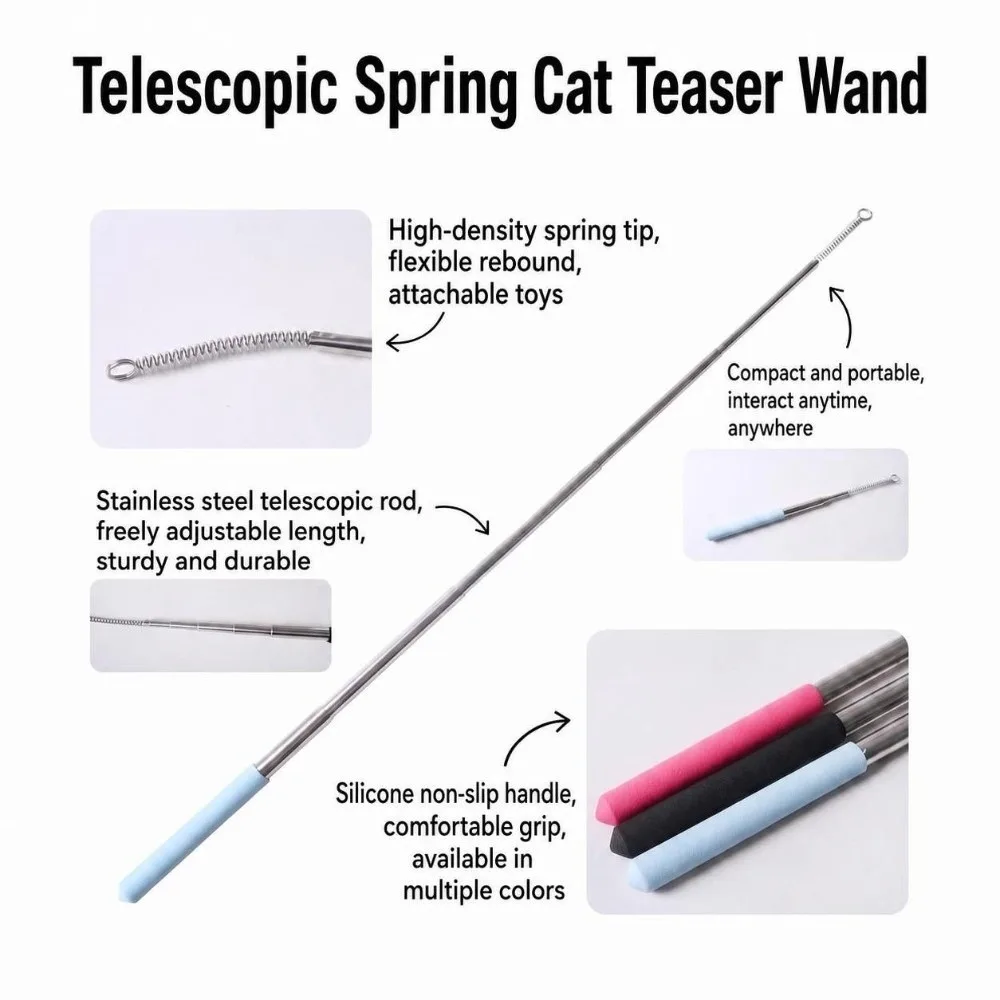 Durable Stainless Steel Cat Teaser Wand Replaceable Head Retractable Telescopic Cat Wand Cat Fishing Pole Toy Indoor/Outdoor