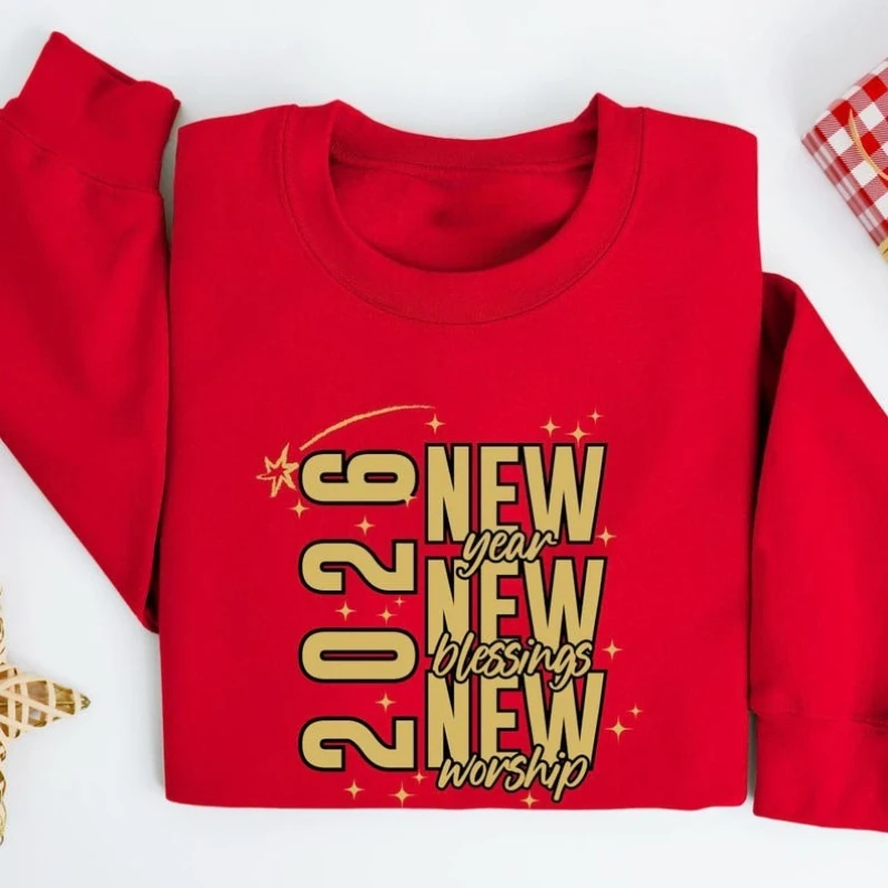 2026 New Blessings New Worship Happy New Year 2026 Figure Match Letters Print Matching Hoodies Autumn and Winter Sweatshirt