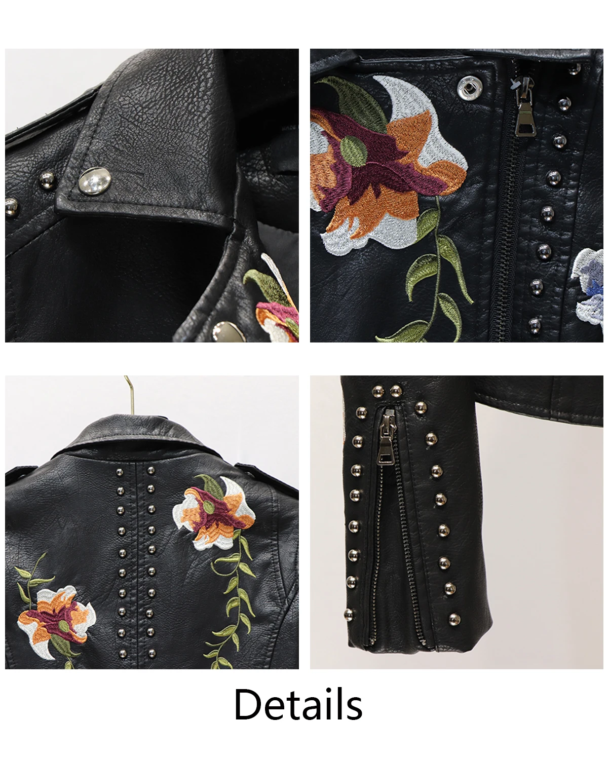 Women\'s Floral Embroidered Faux Leather Moto PU Jacket Biker Bomber Coat