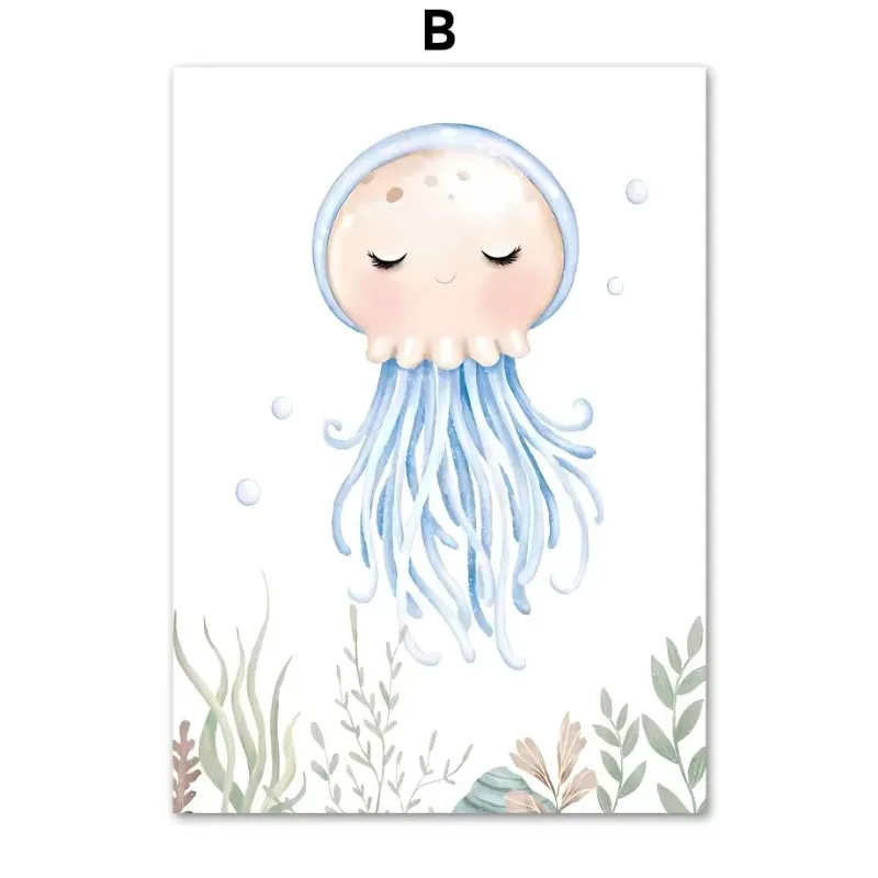 Cute Sea Animals Whale Turtle Octopus Cartoon Children Wall Art Aesthetics Print Canvas Painting Posters for Modern Home Deco