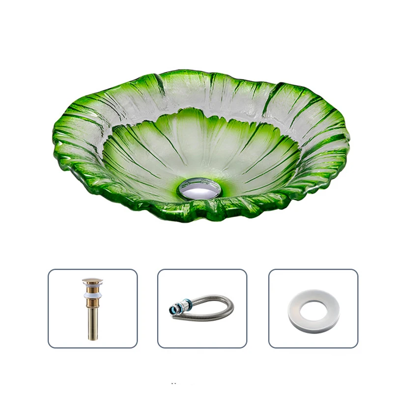 

Bathroom Sink Glass Washbasin 43cm Green Red Toilet Vessel Pastoral Flower Personality Countertop Washbasin With Drainer Sets