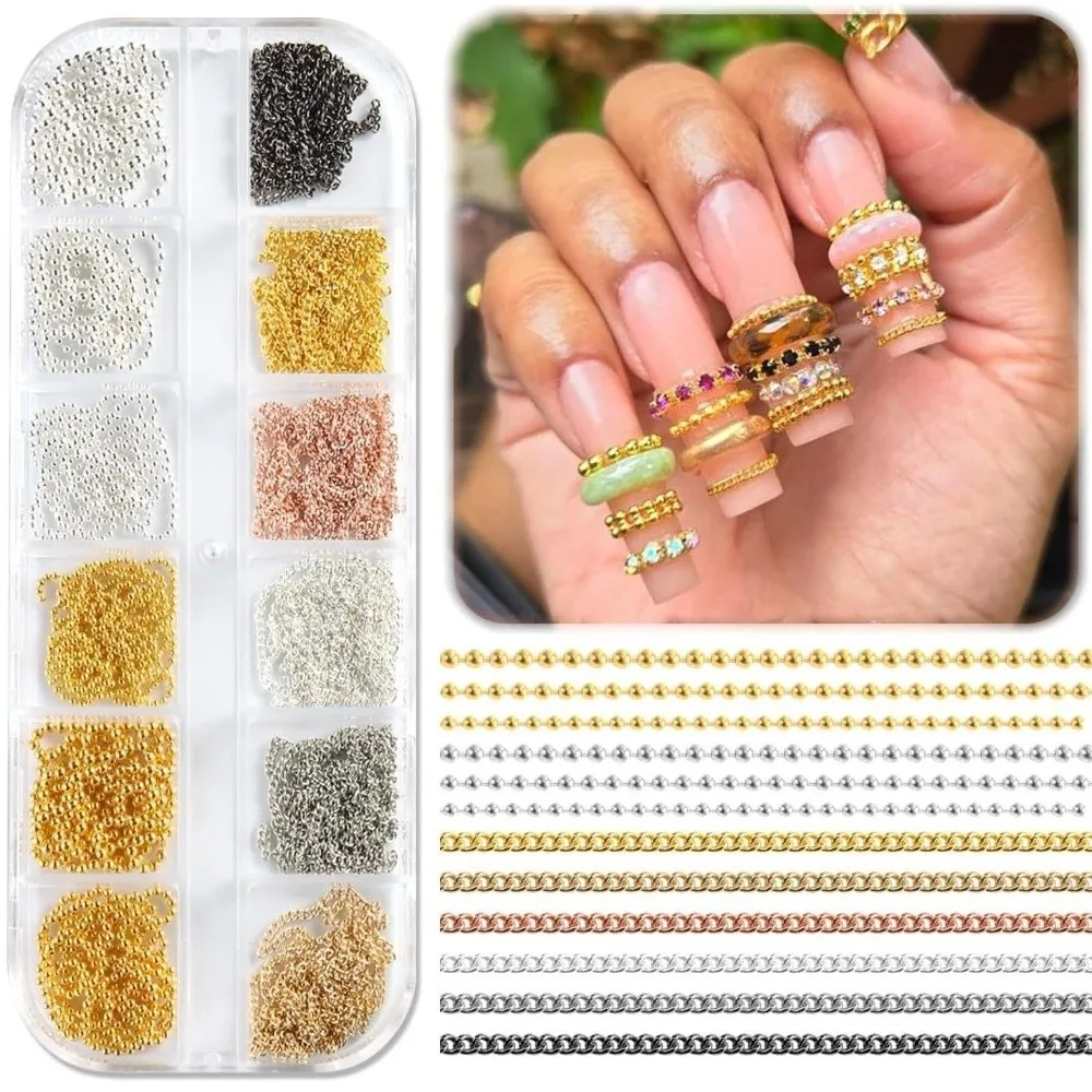 12 Grids Nail Art Chains Metal Beads Metallic Nail Art Accessories Set Gold Silver Color Punk Style Nail Jewelry Charms Manicure