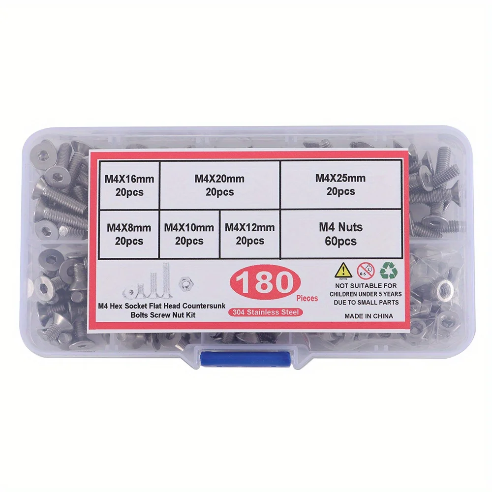 180-teiliges metrisches M4-Sechskant-Senkkopfschrauben-Sortiment mit flachem Kopf und Schraubenmutter – Edelstahl