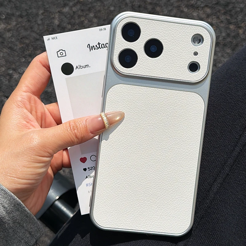 Shockproof Leather Phone Case for iPhone Air 17 16 15 14 13 12 Pro Max Electroplated Frame Large Camera Window Protective Cover