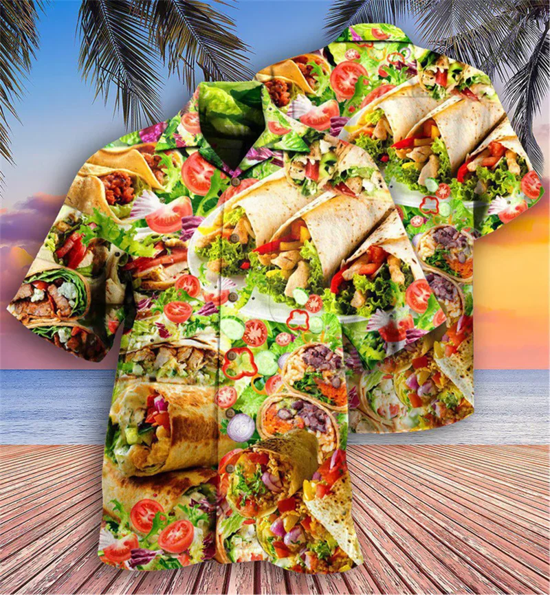 Vegetable Pizza 3D Print Hawaiian Shirt Fashion Western-style Food Pattern Lapel Shirt Street Loose Short Sleeves Blouse Tops