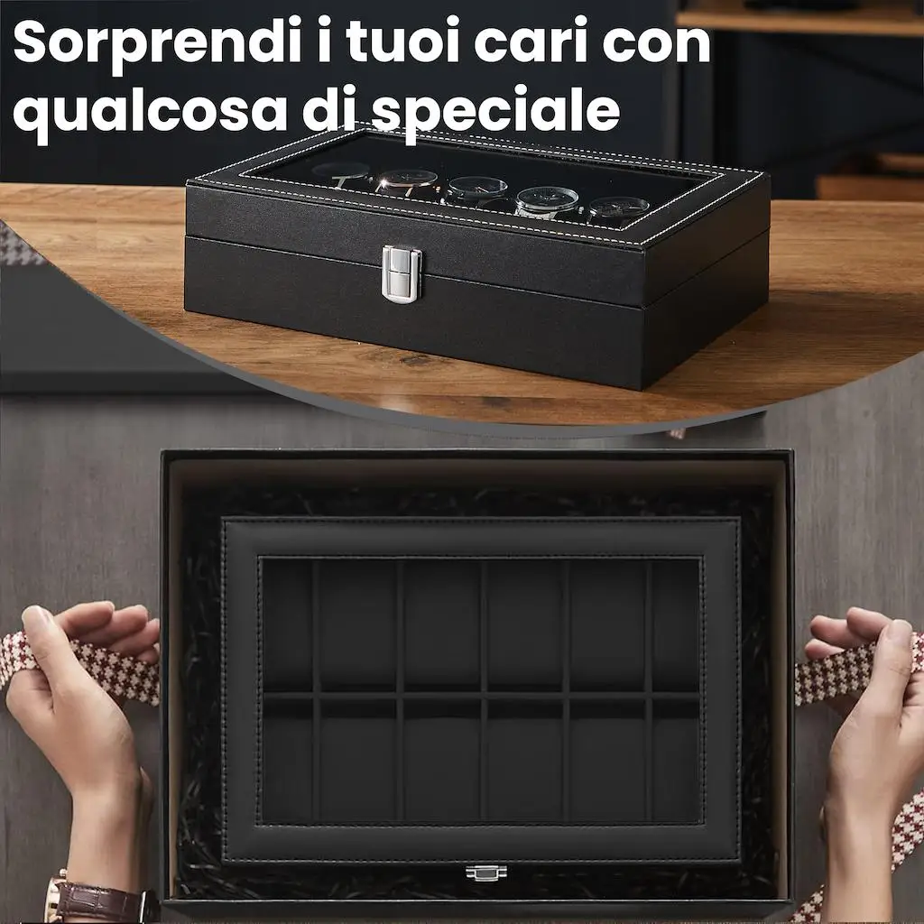 صندوق ساعة SONGMICS مع 12 فتحة، علبة ساعة بغطاء زجاجي، صندوق عرض للساعة مع وسائد ساعة قابلة للإزالة، مشبك معدني #4