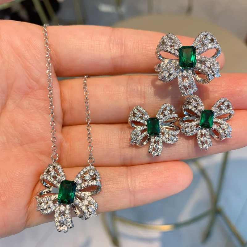 

Green Crystal Bowknot Bone Chain Necklace for Women Green Simple Earrings Ring Jewelry Set